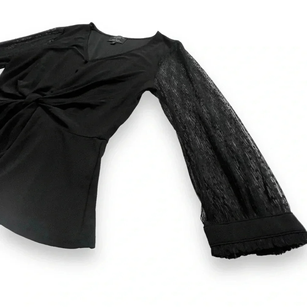 Flower and Feather Black Cinched Waist Peplum Top with Dot Lace Puffed Sleeves - Picture 3 of 5